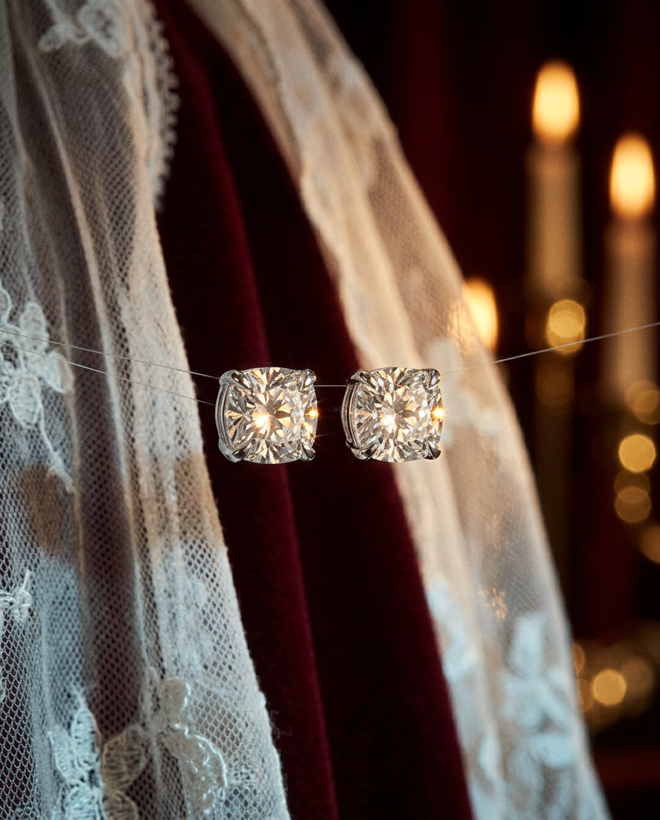 Chasca Earrings suspended against a sheer veil in candlelight