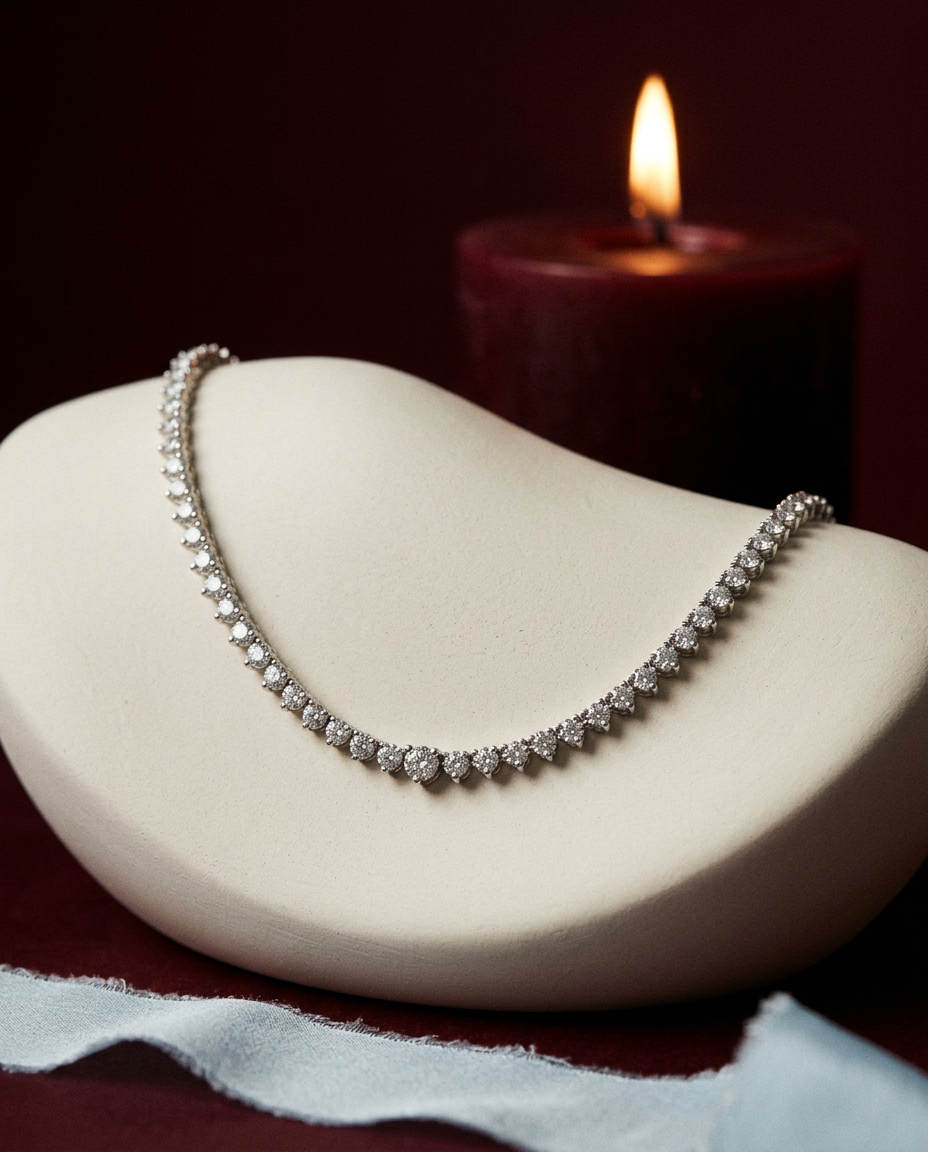 Isadora Necklace draped over an ivory plinth beside a burgundy candle